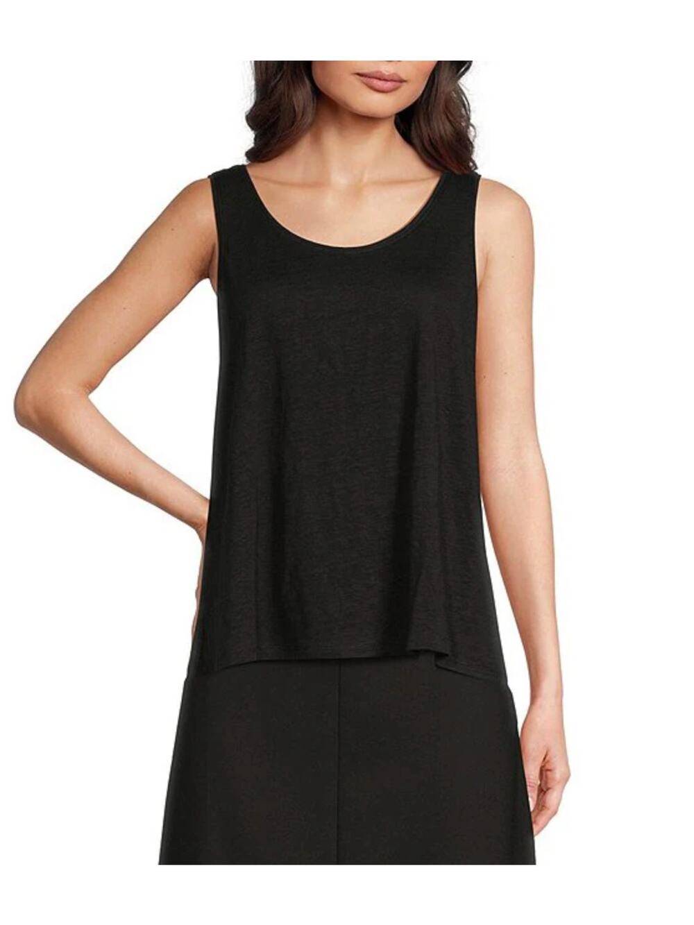 Eileen Fisher Tank Top Black Womens PL Petite Organic Linen Jersey Scoop Neck